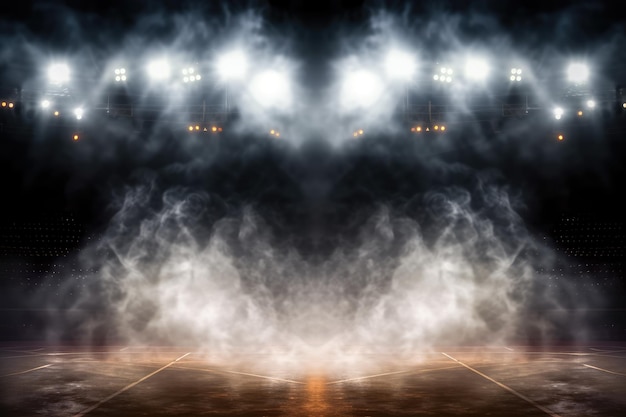 Photo empty basketball court lights and smoke creating a spooky ambiance