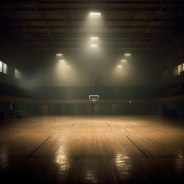 An empty basketball court at night