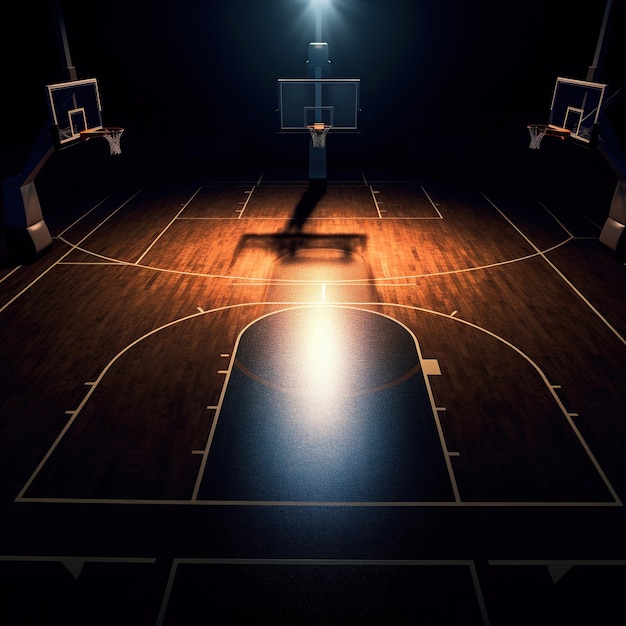 an empty basketball court at night