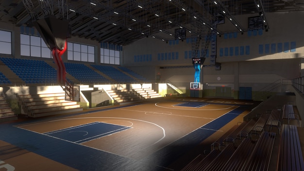 Foto campo da pallacanestro vuoto alla luce del sole. arena sportiva. sfondo di rendering 3d