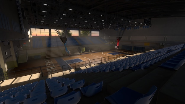 Empty basketball court in sunlight. sport arena. 3d render\
background