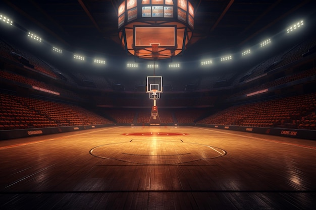 Empty basketball court with lights and spotlights 3D Rendering