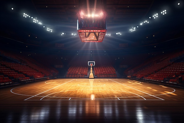 Empty basketball court with lights and spotlights 3D Rendering