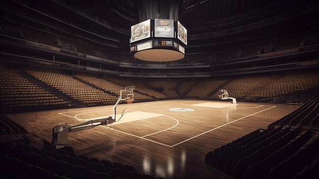 empty basketball court with seats and floodlights generative Ai