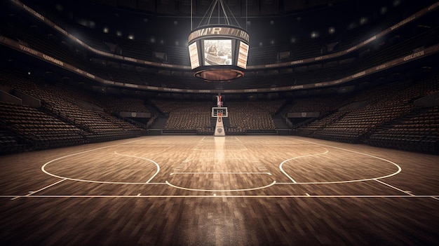 пустая баскетбольная площадка с деревянным полом и освещением