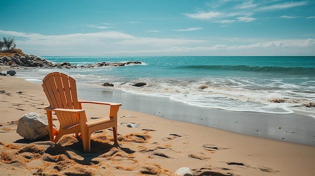 Empty beach chair standing on sand near ocean