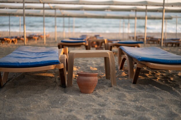 Empty beach loungers. Empty hotel.