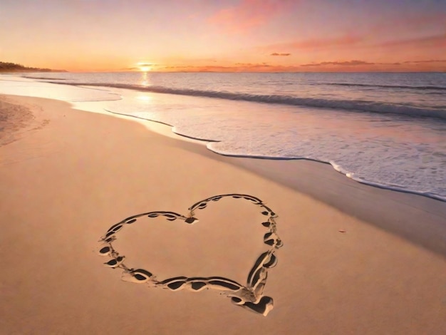 An empty beach at sunset with a romantic warm color palette Footprints in the sand lead towards a heart drawn in the shore