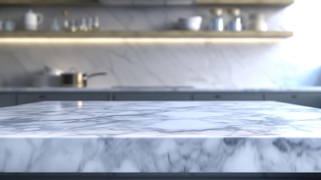 Empty Beautiful marble table and modern kitchen background with shelf Ready for prod Generative AI