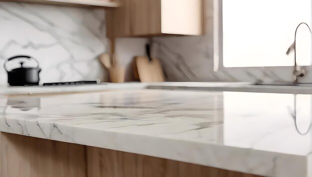 Empty Beautiful marble table top and blur bokeh modern kitchen interior background