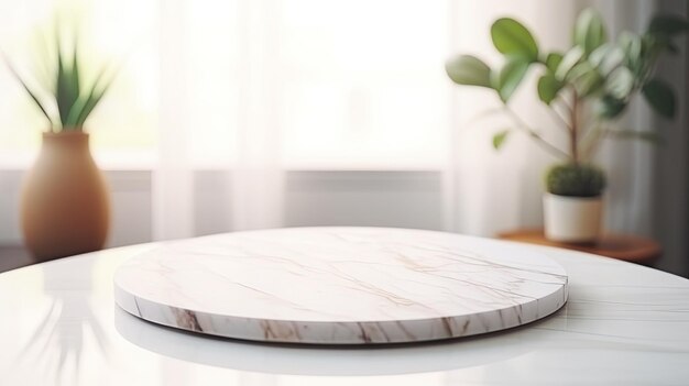 Фото Пустая красивая круглая мраморная столовая стойка макет интерьера чистой и яркой кухни
