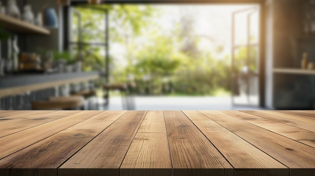 Empty beautiful wood table and blur bokeh modern kitchen interior background in clean and bright