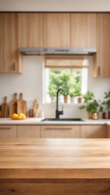 Empty Beautiful wood table top and blur bokeh modern kitchen interior background in clean and bright