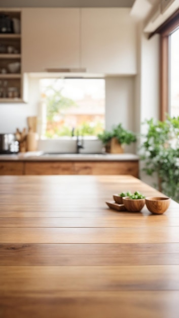 Empty Beautiful wood table top and blur bokeh modern kitchen interior background in clean and bright