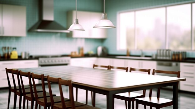 Empty Beautiful wood table top and blur bokeh modern kitchen interior background Generative AI