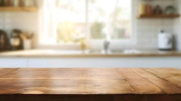 Empty Beautiful wood table top and blur bokeh modern kitchen interior background in Generative AI