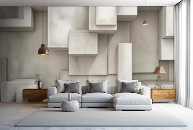 an empty bedroom with a white and grey sofa and lamp in the style of masonry construction