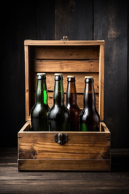 Фото Пустые бутылки пива в деревянной коробке на черном фоне в винтажном стиле