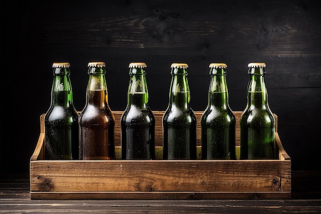 Empty beer bottles in a wooden box on a black background vintage style