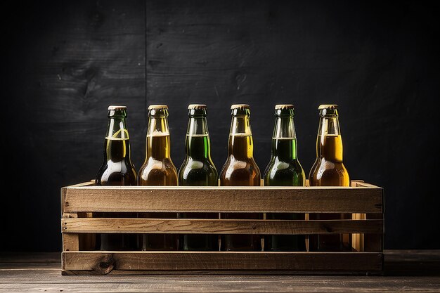 Empty beer bottles in a wooden box on a black background vintage style