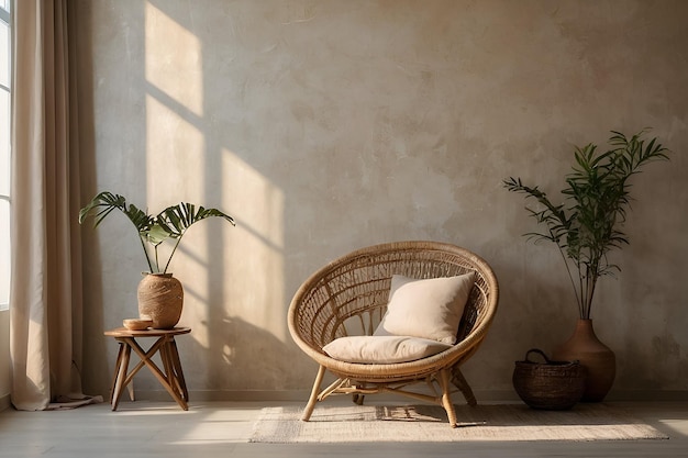 Empty beige wall mockup in boho room interior with wicker armchair and vase Natural daylight from a