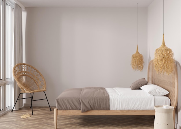 Empty beige wall in modern bedroom Mock up interior in boho style Free copy space for your picture text or another design Bed rattan armchair 3D rendering