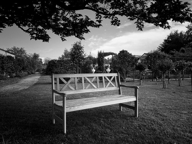 Photo empty bench on field by trees against sky