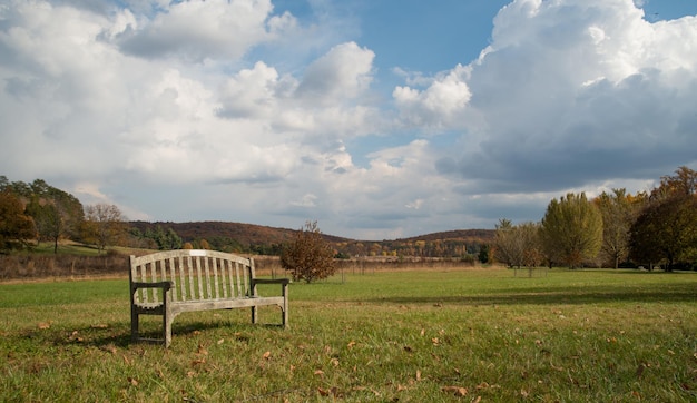 Photo empty bench on field in park against cloudy sky