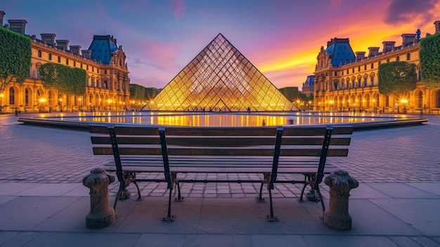 Photo an empty bench in front of the louvre museum in paris france