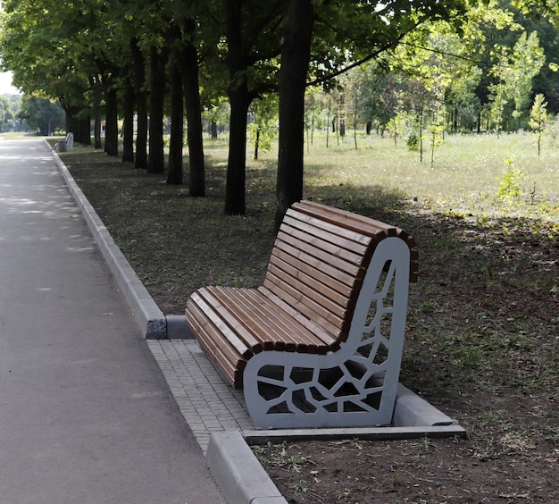 An empty bench is depicted on the alley of the city park in the summer season