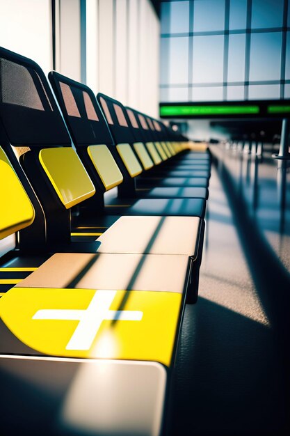 Пустые скамейки в терминале аэропорта с большими окнами