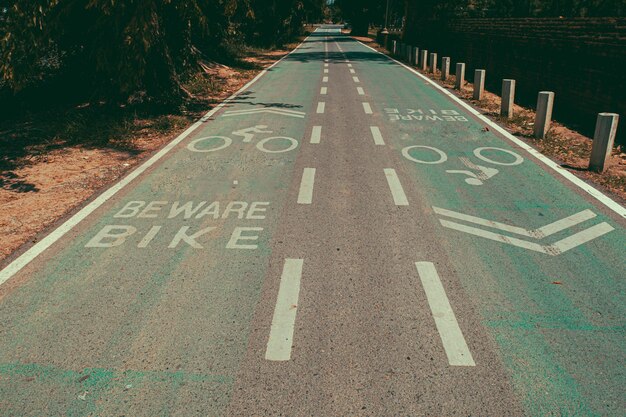 빈 자전거 차선 또는 자전거 도로 자전거 길은 차선 기호와 함께 녹색 도로에서 자전거 타는 사람