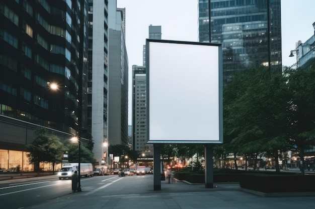 밖의 정보 표지판이 없는 건물의 빈 광고판은 흐릿한 도로에서 지나가는 사람들을 나타니다.