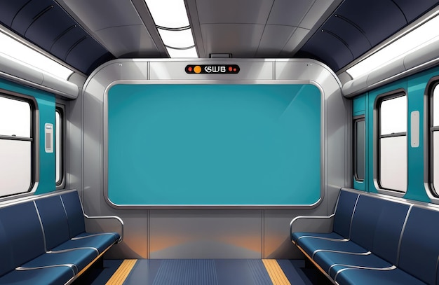 An empty billboard mockup template or advertising poster displayed within a train