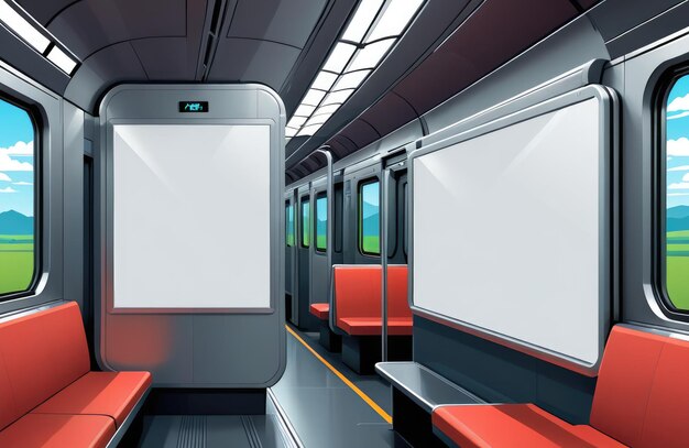 An empty billboard mockup template or advertising poster displayed within a train