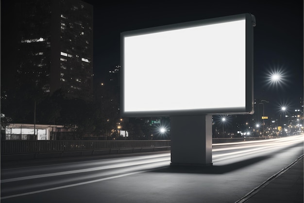 Empty billboard with lights on night city background