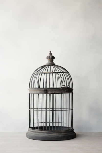 Photo empty birdcage against a blank white wall ai generated illustration