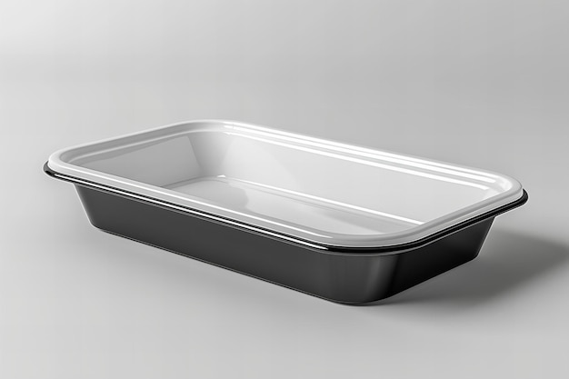 Фото Пустая черно-белая пластиковая тарелка с быстрым питанием на сером фоне