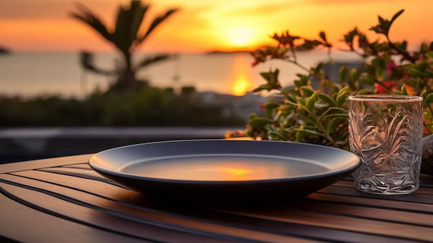 empty black ceramic plate on dining table at sunset on terrace