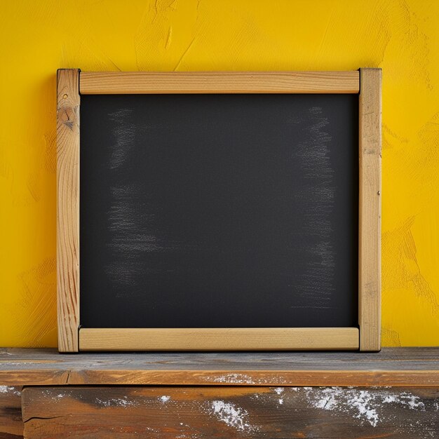 Foto tabella nera vuota su pannello piatto cornice di legno sullo sfondo giallo per i social media