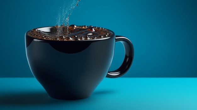 Empty black coffee mug floating in midair against a blue 3D product display background