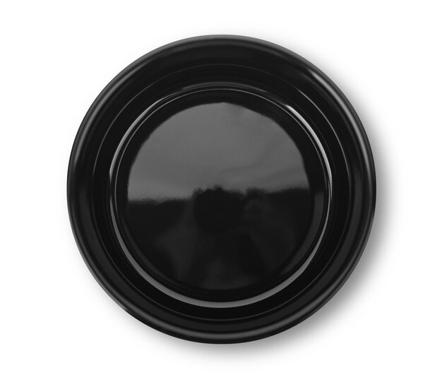 Empty black cylindrical ceramic bowl on white background