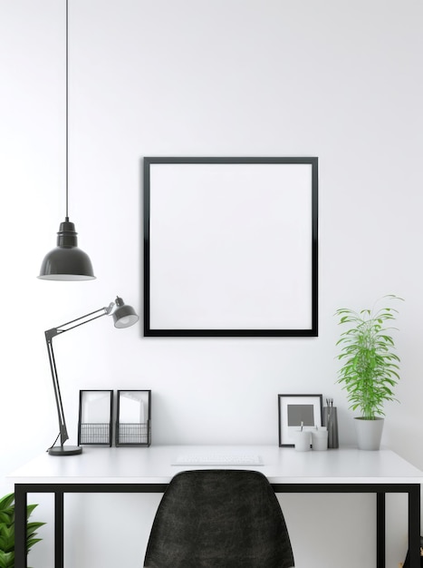 Empty black frame with copy space in office on white wall created using generative ai technology