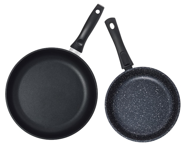 Empty black frying pan isolated  . Set of two pans.