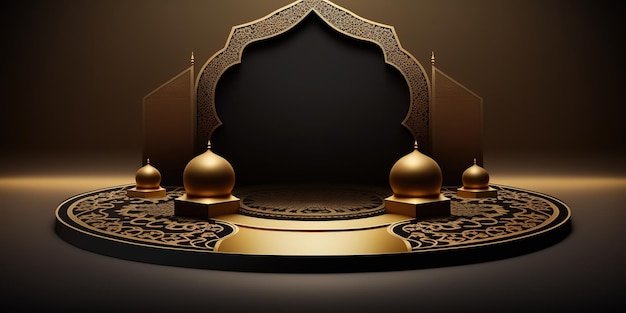 empty black and gold podium ramadhan background islamic ornament on gold carpet background