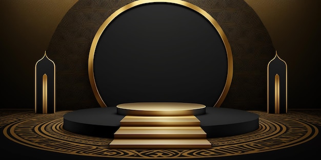 empty black and gold podium ramadhan background islamic ornament on gold carpet background