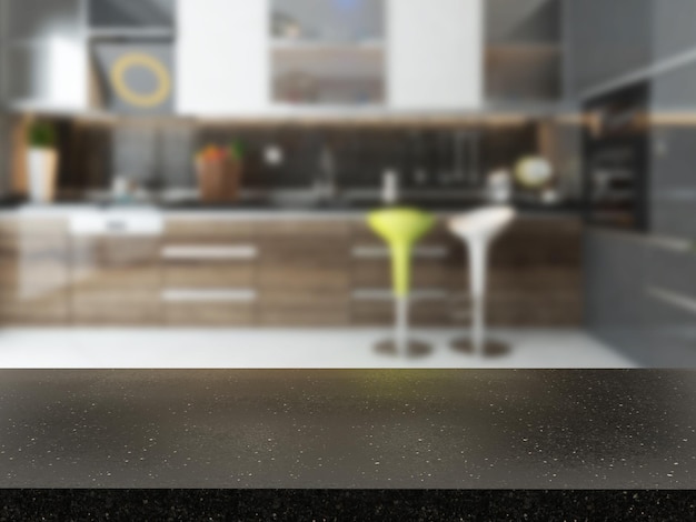 Empty black granite desk with blurred kitchen background 3d rendering available in high resolution