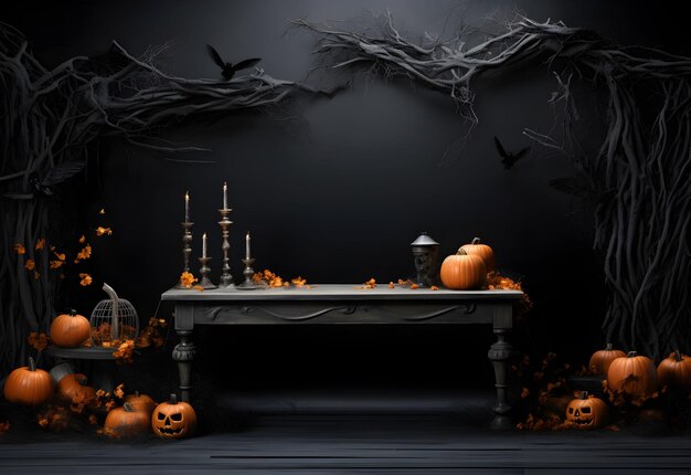 Пустой черный макет стола на Хэллоуин с тыквой, свечами, жутким украшением и темным мистическим фоном, сгенерированный ИИ