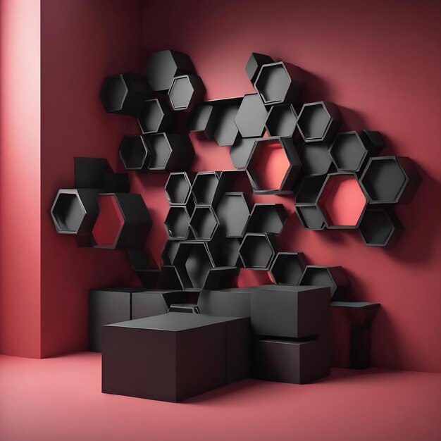 Empty black hexagons shelves and cube box podium on wall background 3d rendering