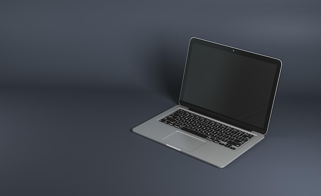 Empty black laptop screen on gray background